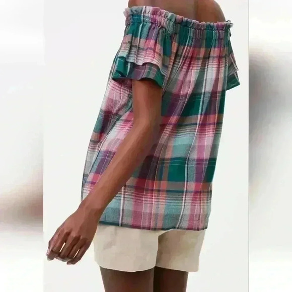 Ann Taylor LOFT Plaid Tie Off The Shoulder Top Size Small in Cool Pine - Picture 2 of 7